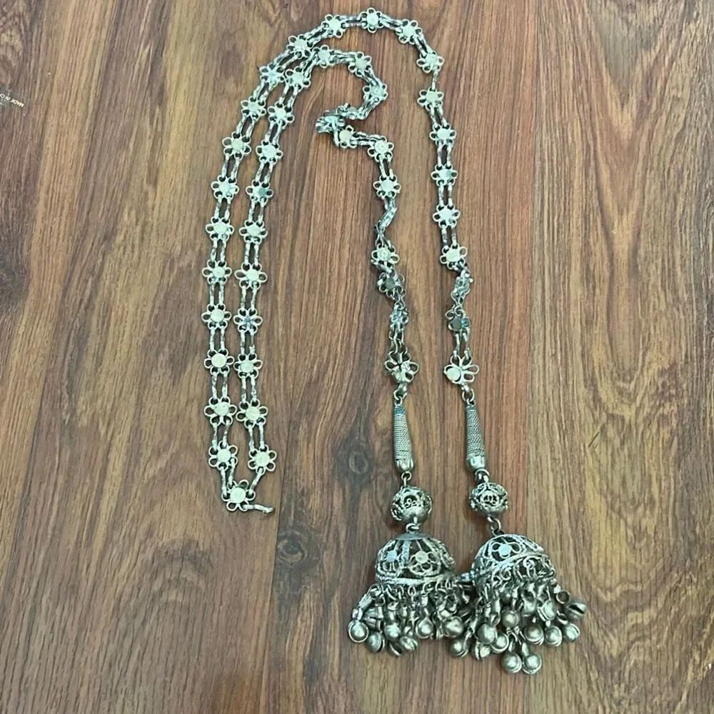 Vintage antique Indian wedding Bill necklace adornments with bells silver tone